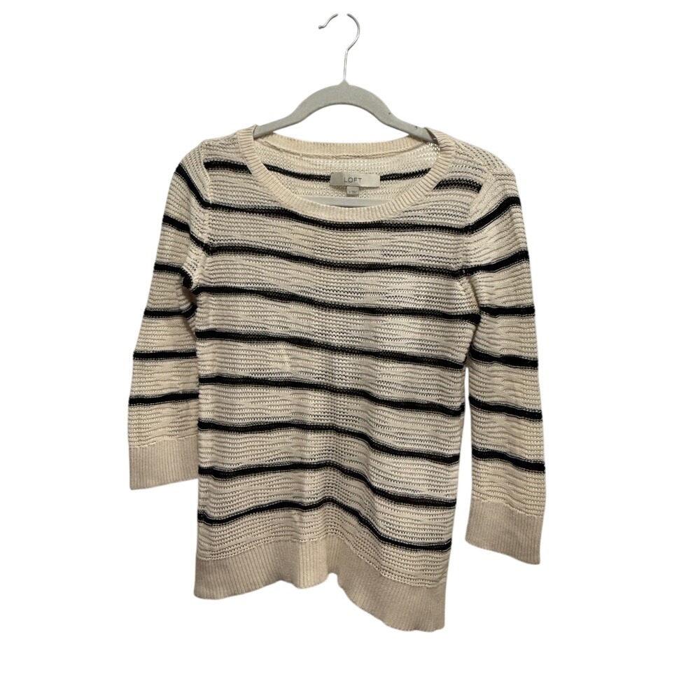 Loft Open Knit Sweater‎ Womens S 3/4 Sleeve Off White Black Stripe Coastal Beach